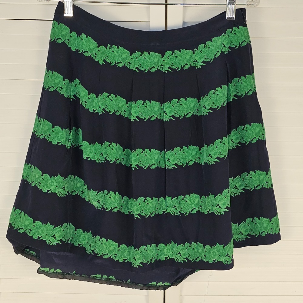 NWT J Crew Womens Navy Green Beanstalk Silk Skirt 8 - Loose Hem
